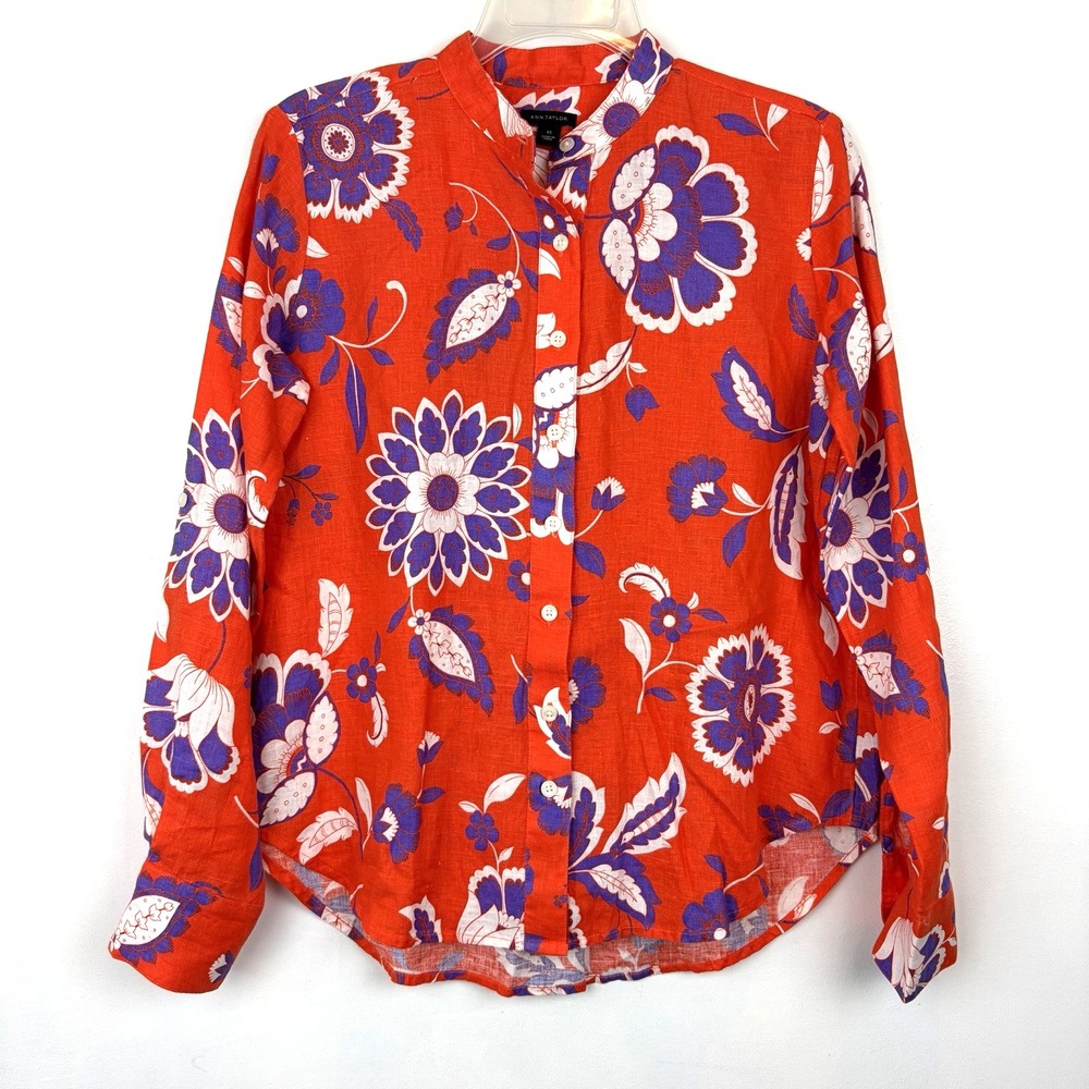 Ann Taylor Linen Floral Shirt Womens XS Mandarin Roll Tab Sleeve Button Orange